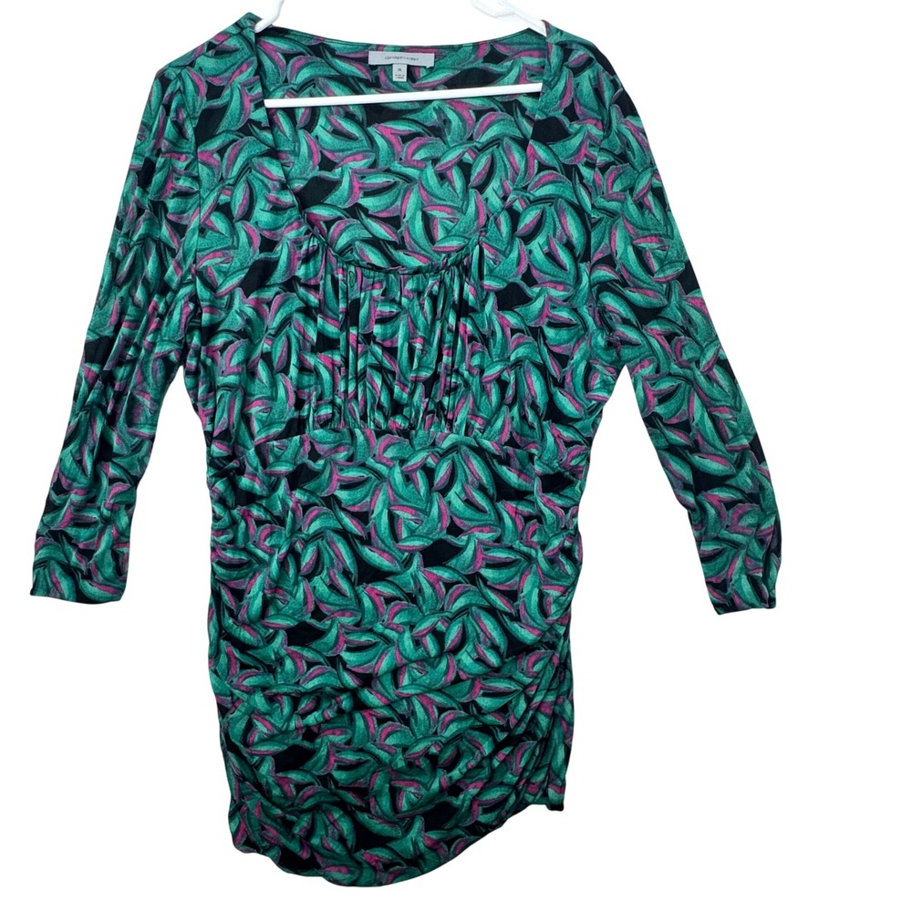 Classiques Entier Blouse Women XL Silk Blend Green Abstract Ruched Tropical FLAW